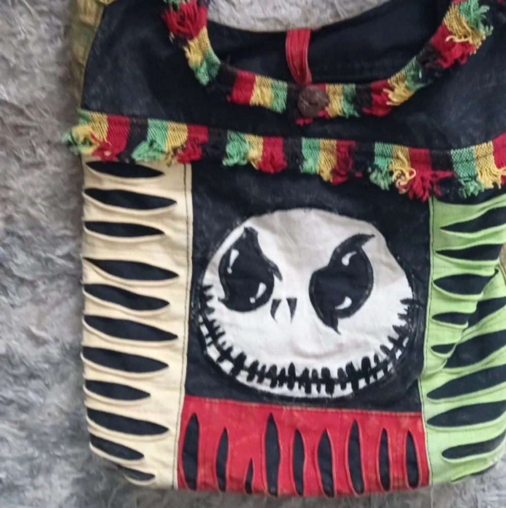 Handmade Colorful Jack Skellington Face Skull Hippie Shoulder Bag - Picture 5 of 8